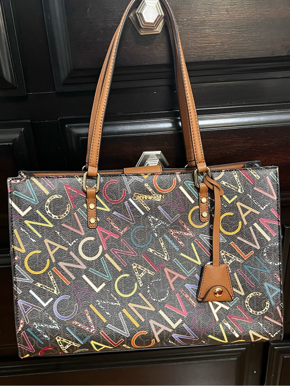 Calvin Klein Multicolor Logo Print Tote with Brown Trim